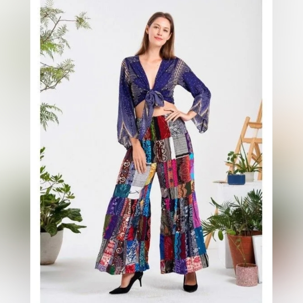 Bohemian Patchwork Wide-Leg Pants - Multicolor
